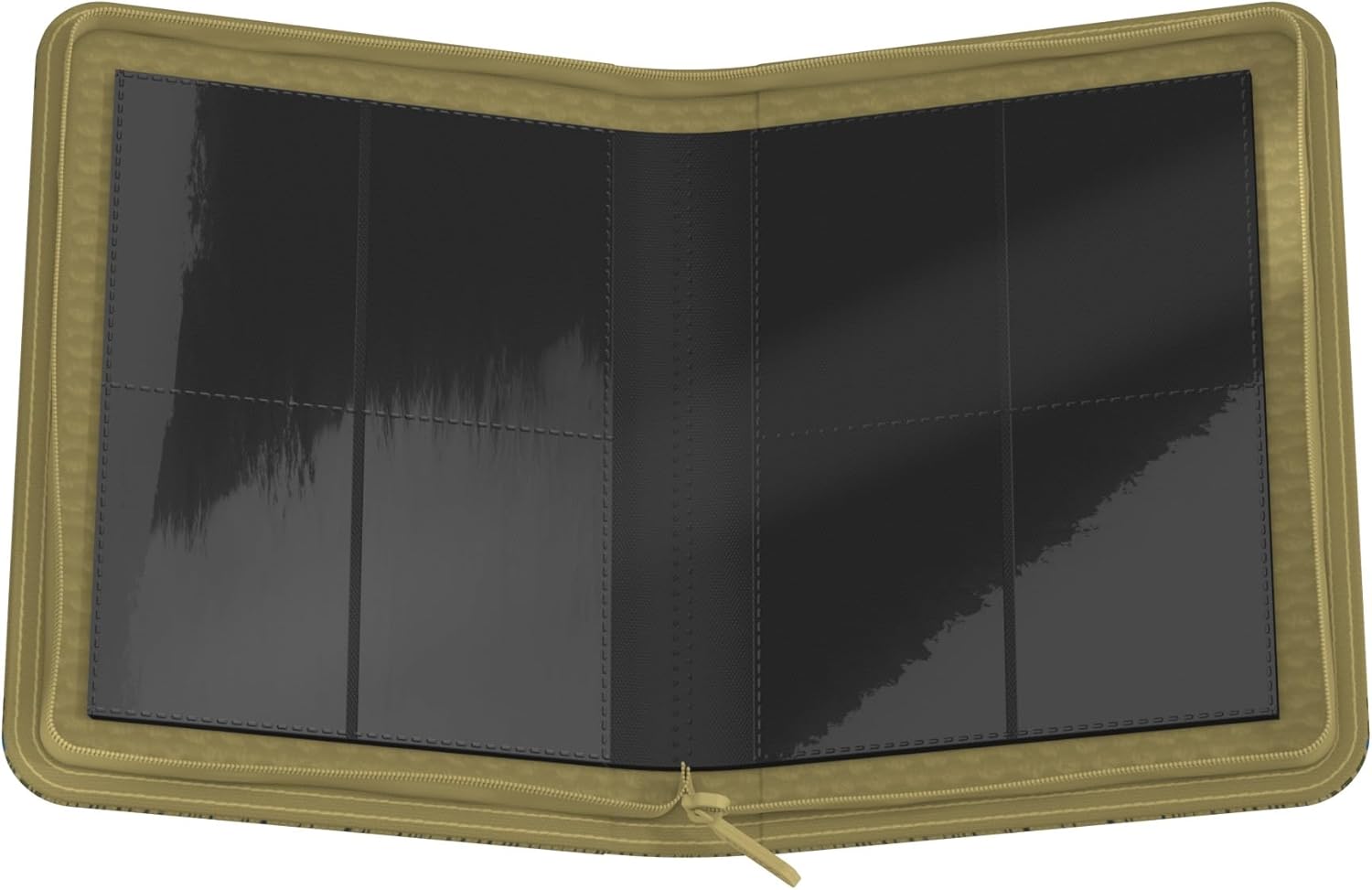 Open Hufflepuff-themed XenoSkin Zipfolio displaying black internal pages with eight clear card pockets and a zipper closure