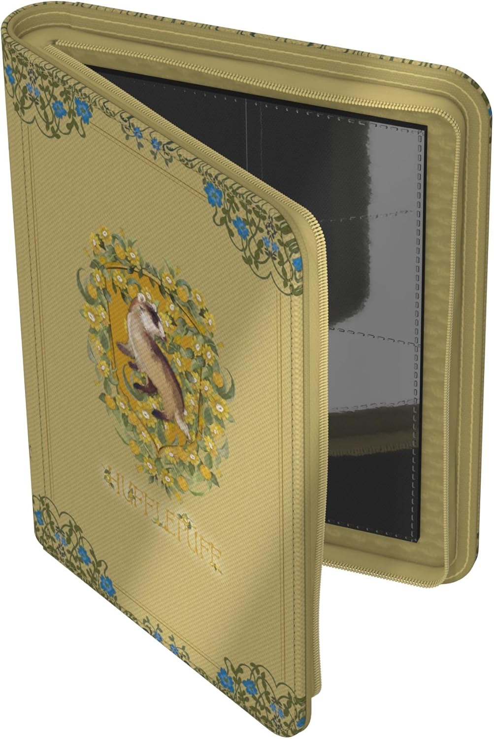 The beige Hufflepuff Ultimate Guard Zipfolio 160 is shown slightly open, highlighting the badger crest, floral border, and black internal card sleeves