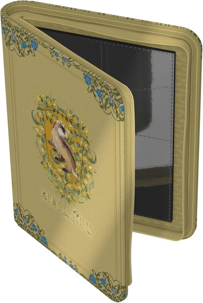 The beige Hufflepuff Ultimate Guard Zipfolio 160 is shown slightly open, highlighting the badger crest, floral border, and black internal card sleeves