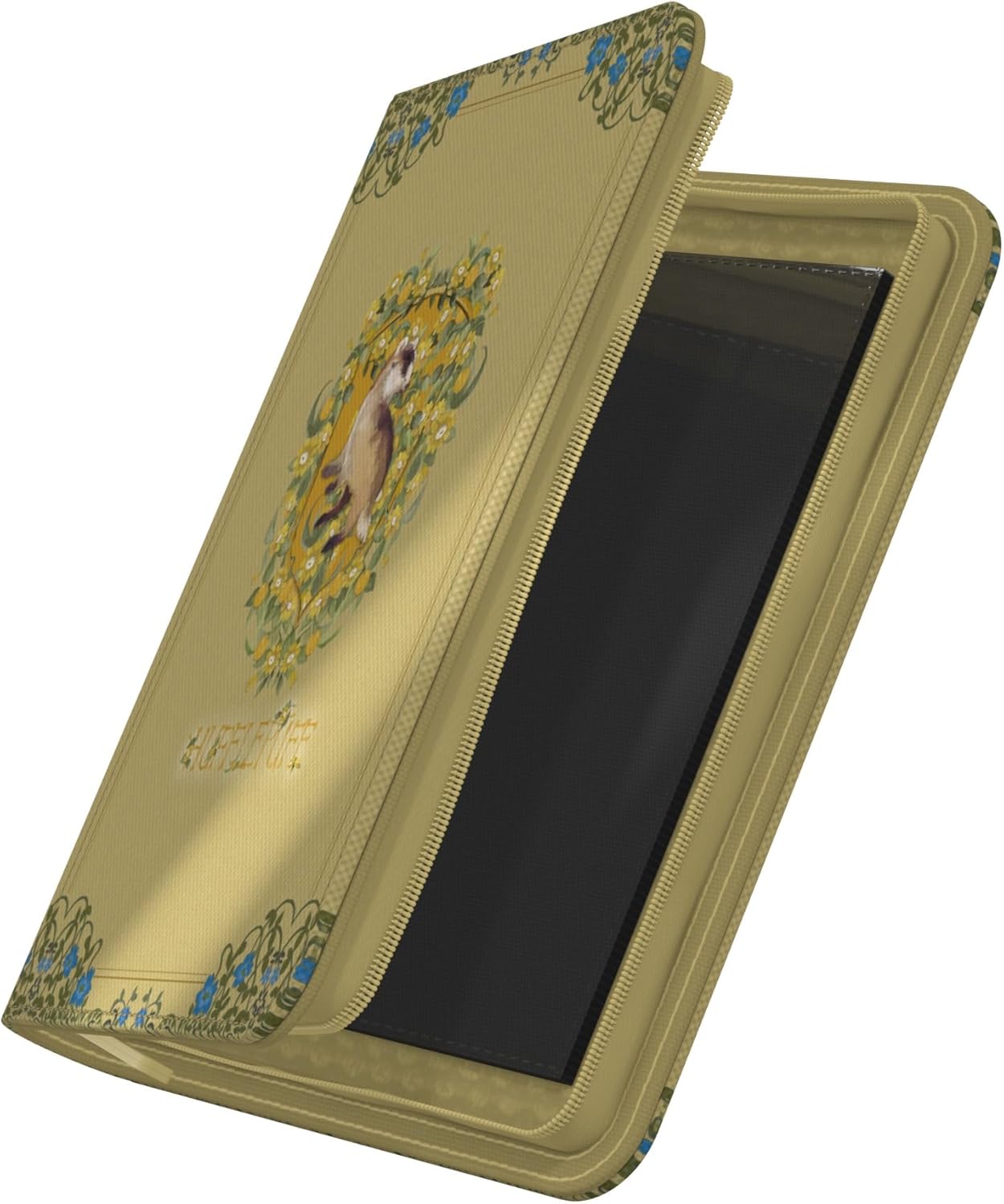 A tan Ultimate Guard Zipfolio 160 for Hufflepuff is slightly open, displaying the badger mascot illustration and interior card sleeves