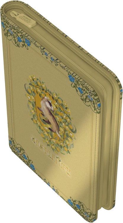 A beige Ultimate Guard Zipfolio 160 for Hufflepuff featuring the house badger surrounded by yellow flowers and blue floral accents with a tan zipper closure