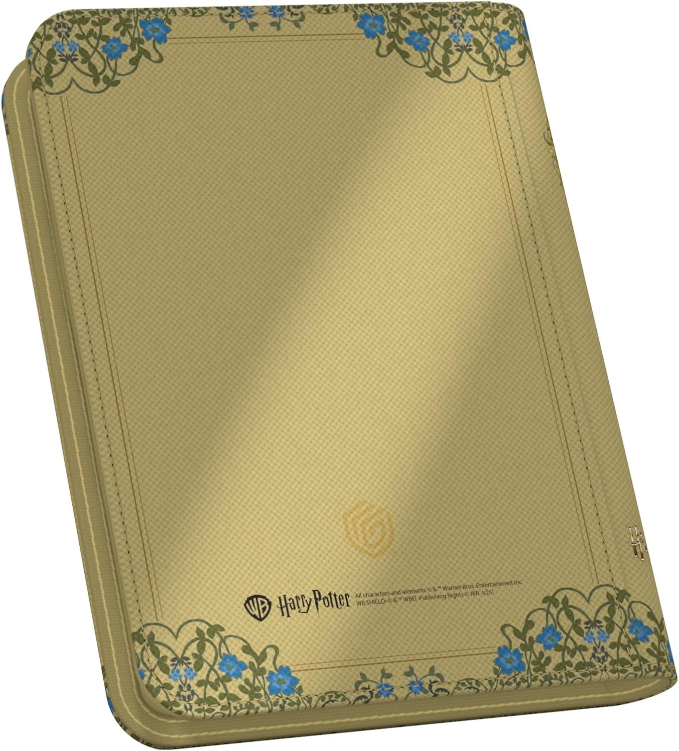 An angled view of the closed tan Harry Potter XenoSkin Zipfolio 160 decorated with blue flowers and green vines around the edges of the cover