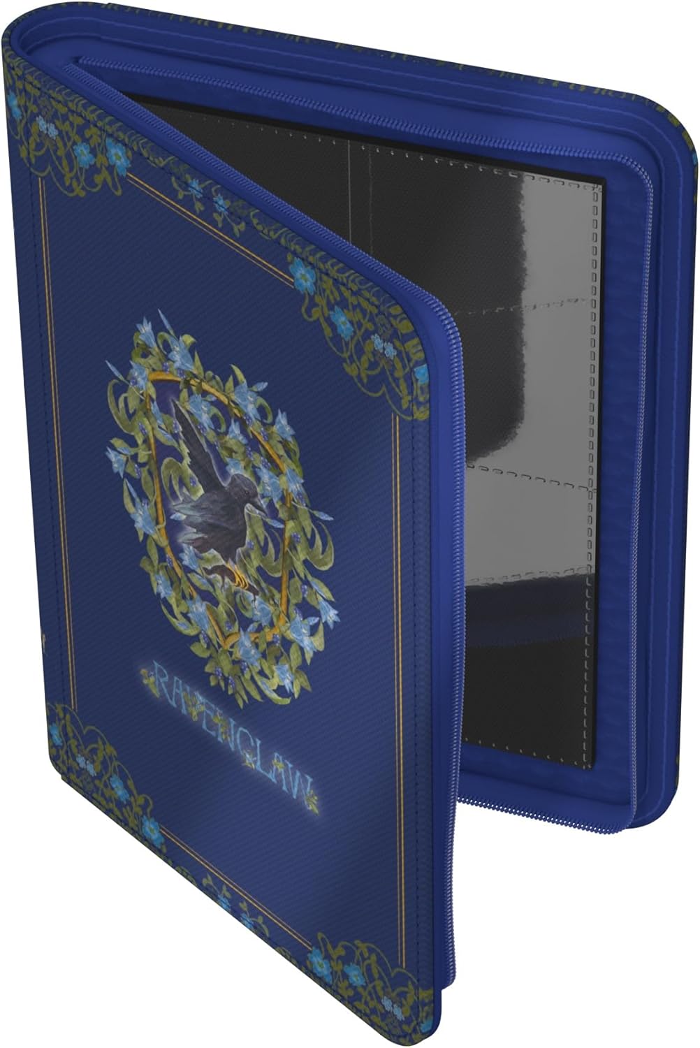 The Ultimate Guard Ravenclaw Zipfolio in dark blue XenoSkin is slightly open showing the internal card pages and zipper closure