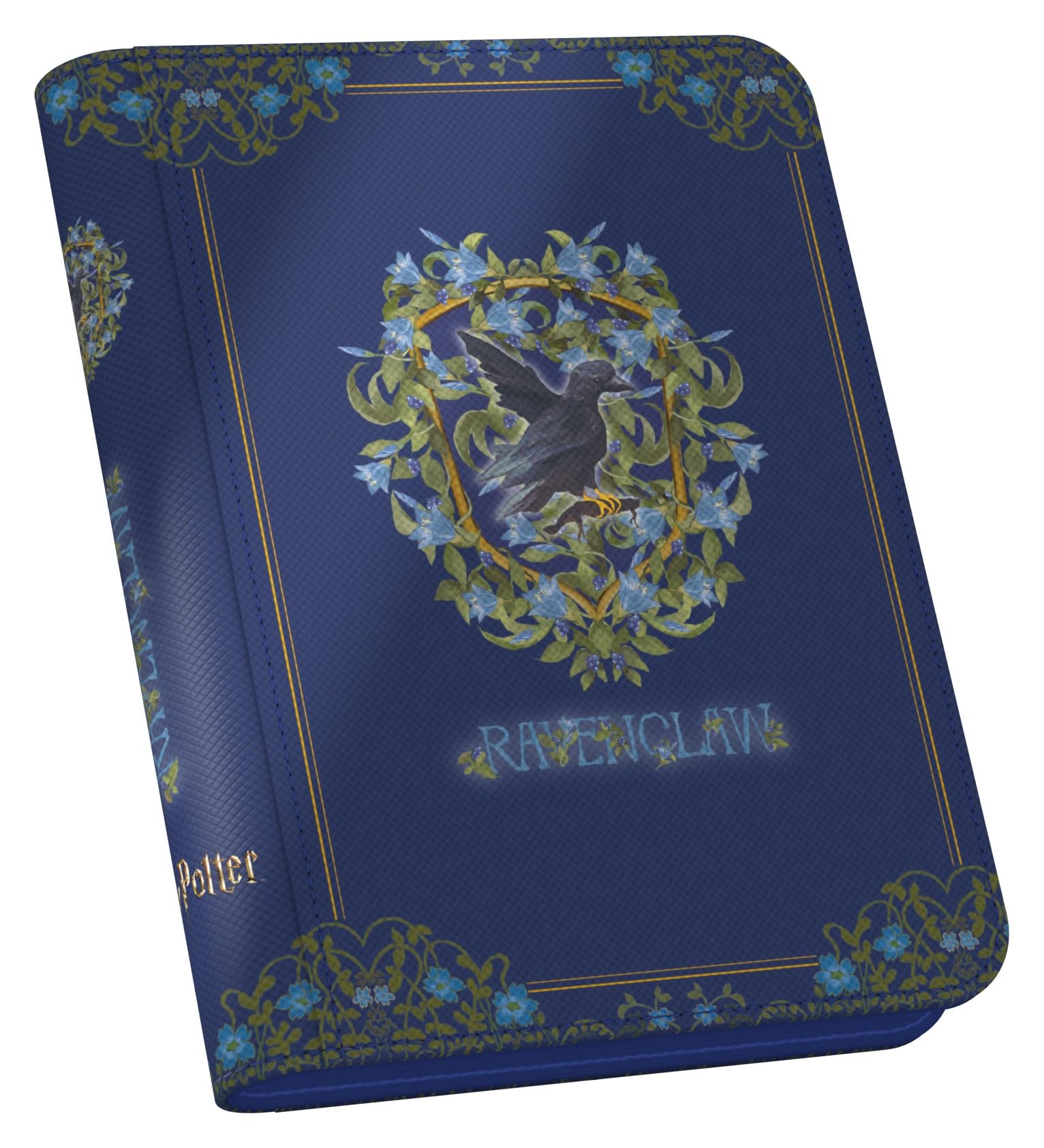 The navy blue Ultimate Guard Ravenclaw zipfolio shows the house crest with a black raven centered in a wreath of blue flowers and gold trim