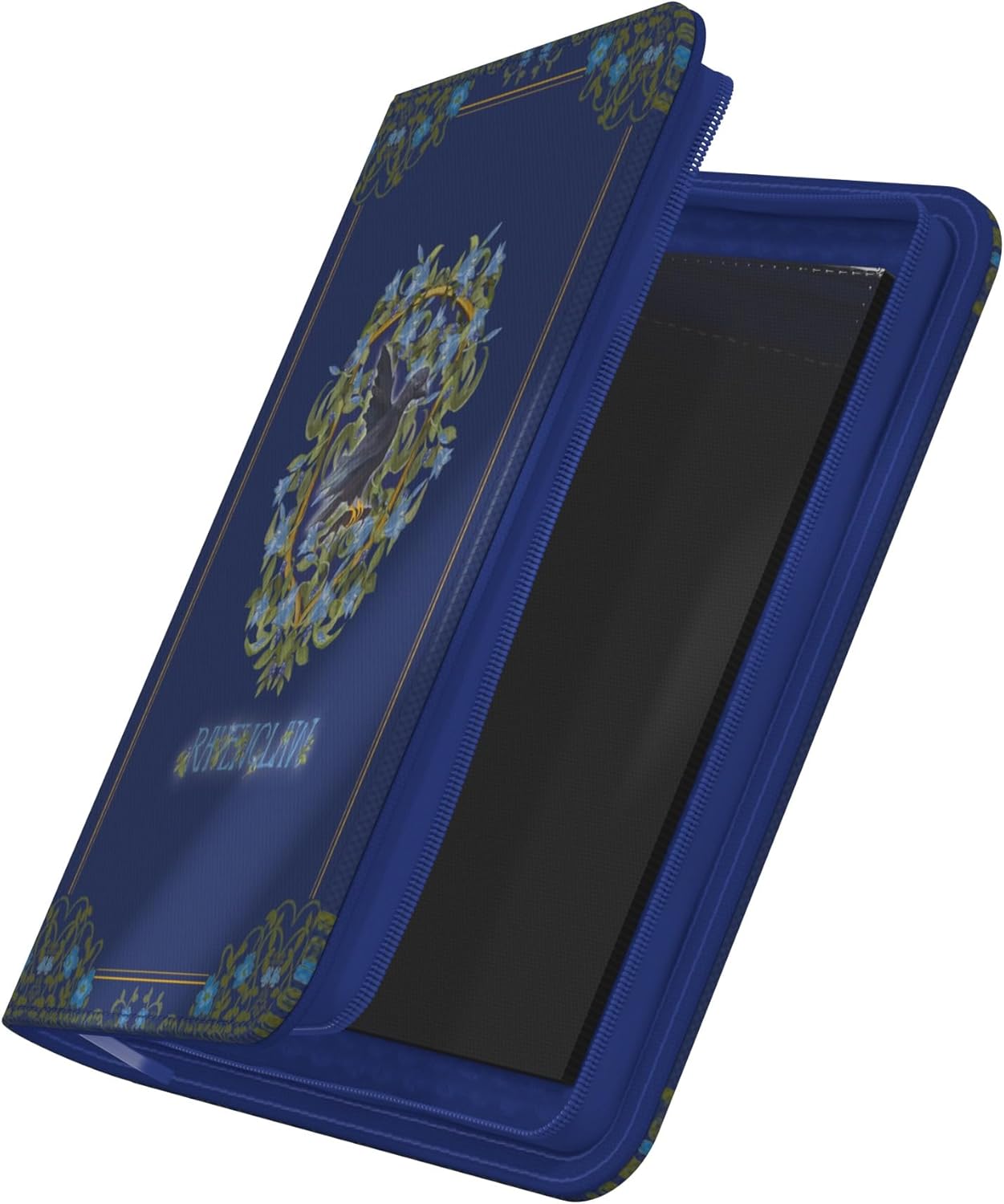 A dark blue Ravenclaw Zipfolio portfolio is partially open, showing the house eagle crest and the black interior card pages