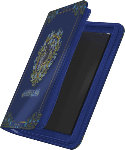 A dark blue Ravenclaw Zipfolio portfolio is partially open, showing the house eagle crest and the black interior card pages