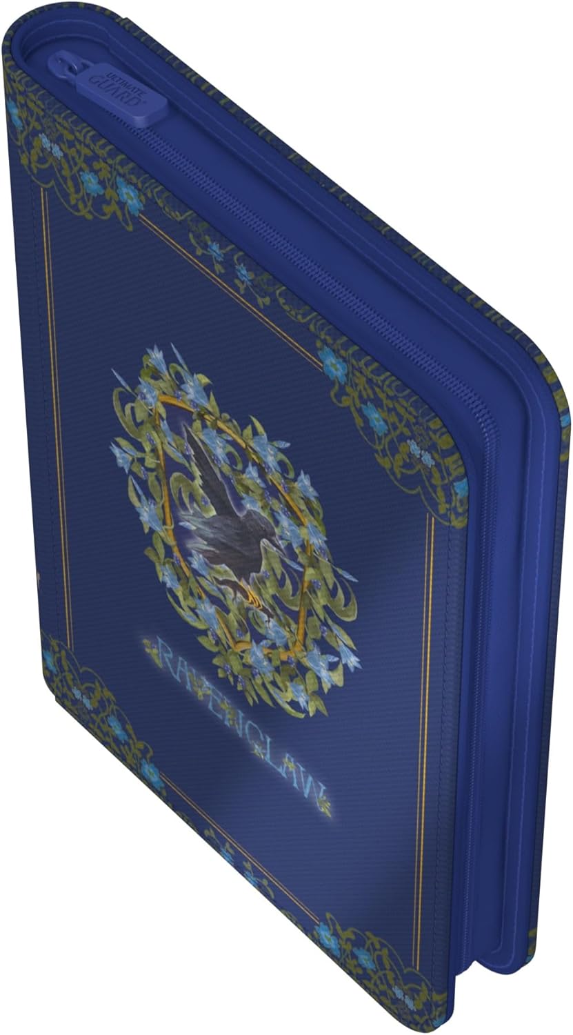 Deep blue Ultimate Guard XenoSkin Zipfolio 160 featuring the Ravenclaw emblem of a raven in a gold-framed blue wreath, secured by a large zip