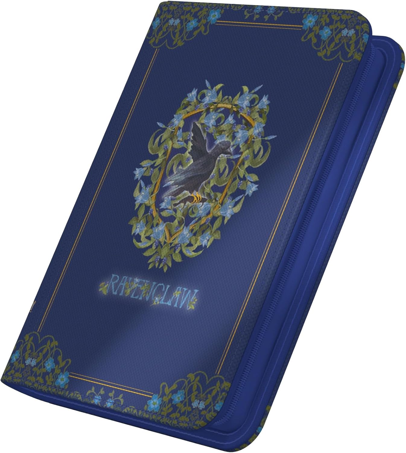 Ultimate Guard XenoSkin Zipfolio 160 in dark blue Ravenclaw theme, showing a raven crest with blue floral wreaths and gold trim