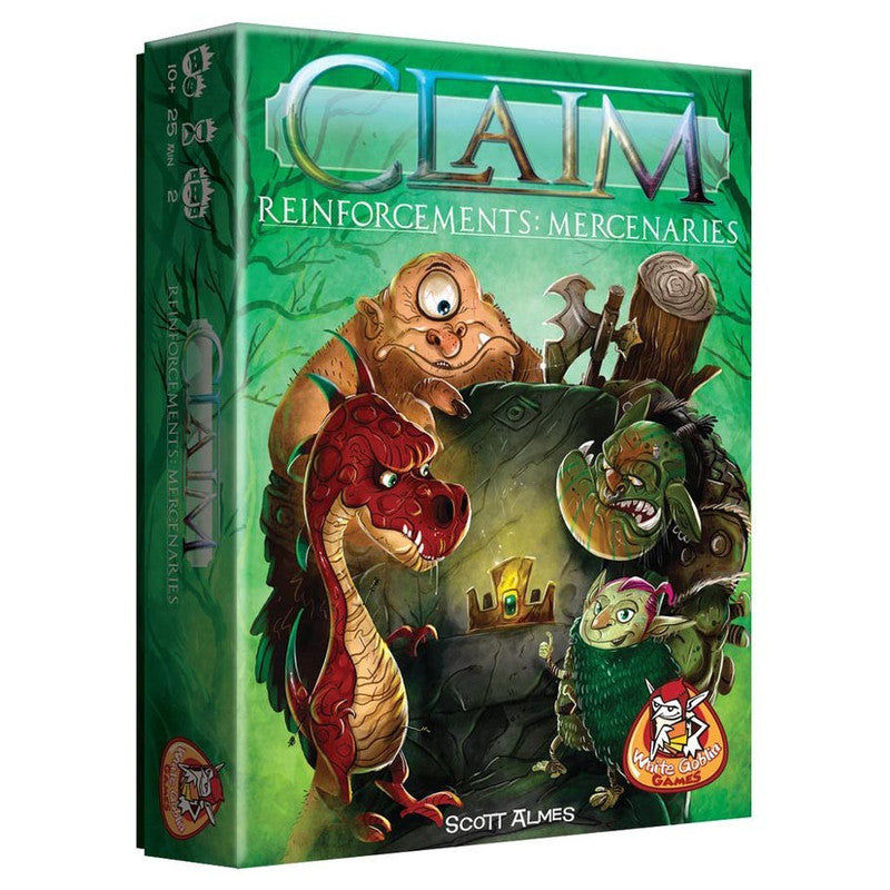 Game box for "CLAIM: Reinforcements: Mercenaries." Cartoon fantasy creatures, including a dragon, cyclops, and goblins, eye crowns