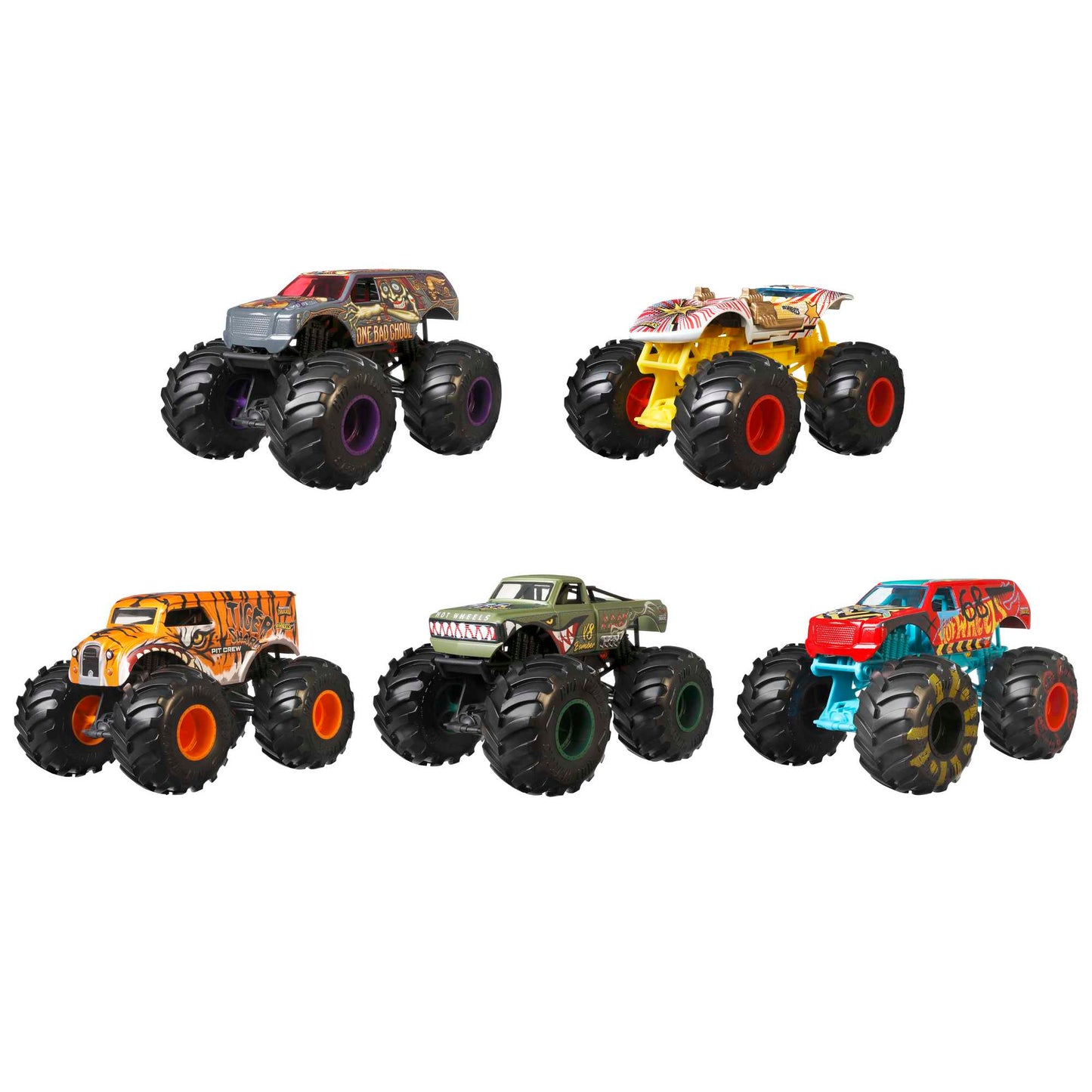 Five assorted Hot Wheels Oversized Die-Cast Singles Monster Trucks, each with a unique colorful design and large black tires, are displayed on a white background