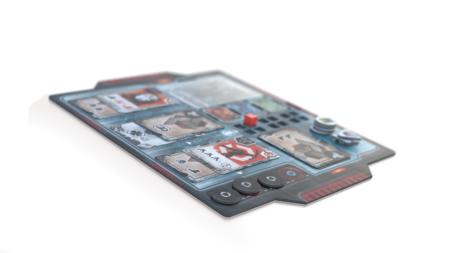 A sci-fi game player board with cards (one red scorpion), a red cube, black tokens, and stacked chips
