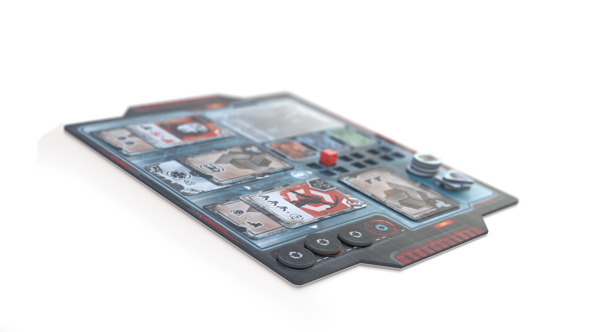 A sci-fi game player board with cards (one red scorpion), a red cube, black tokens, and stacked chips