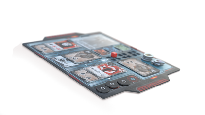 A sci-fi game player board with cards (one red scorpion), a red cube, black tokens, and stacked chips