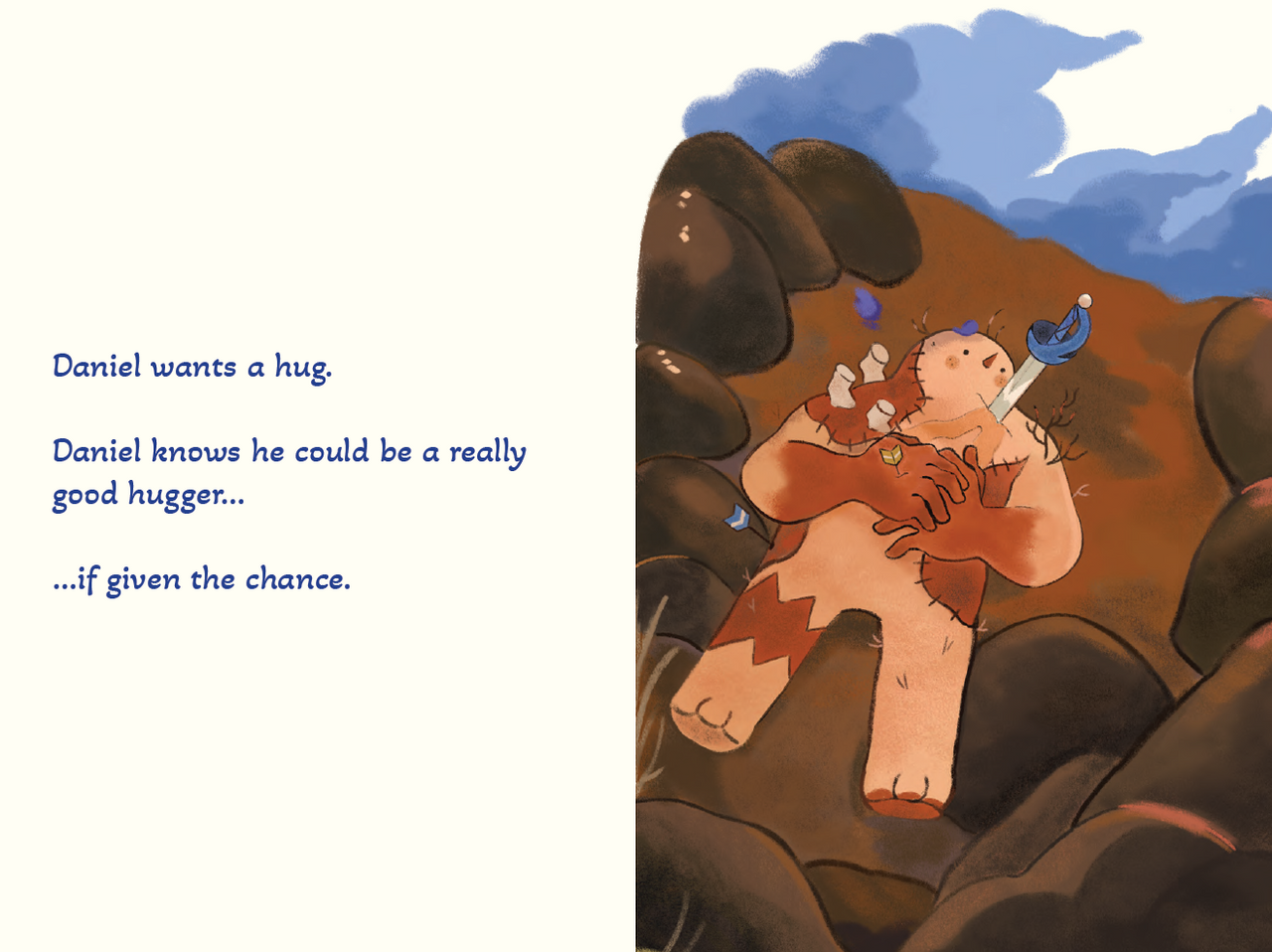 Daniel, a stitched figure with a sword, stands among rocks. He longs for a hug