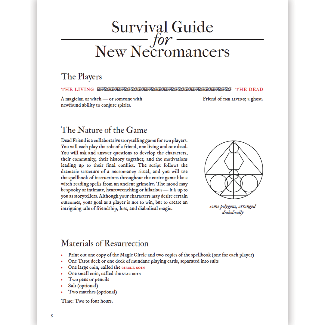 Survival Guide for New Necromancers page showing game rules for "Dead Friend," character roles, materials, and a diabolical geometric ritual diagram