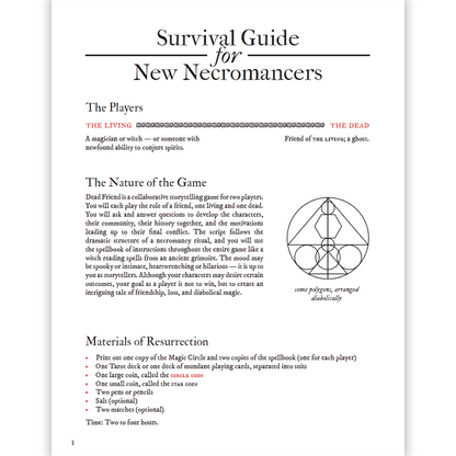 Survival Guide for New Necromancers page showing game rules for "Dead Friend," character roles, materials, and a diabolical geometric ritual diagram