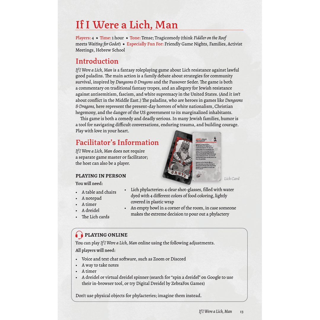 Manual page for "If I Were a Lich, Man" game, showing rules text and two game cards, one depicting a skeletal Lich.