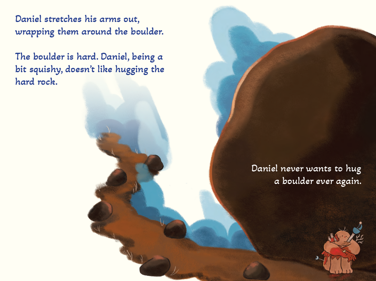 Daniel, a squishy pink creature, looks unhappy and deflated after hugging a hard brown boulder