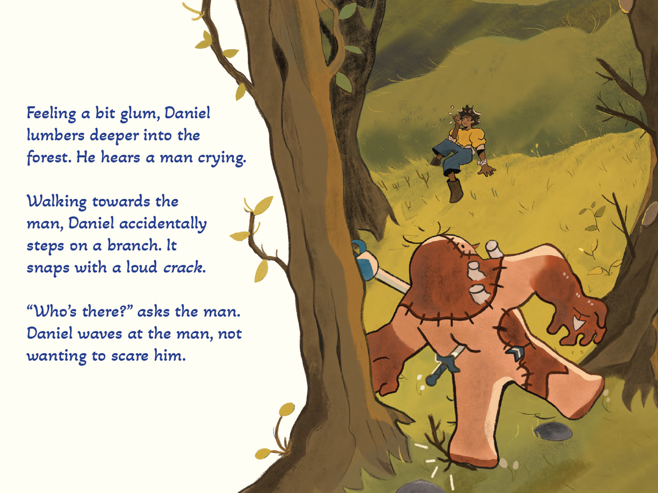 A man cries on the forest floor. A large, patched gingerbread figure lies nearby, impaled by a sword