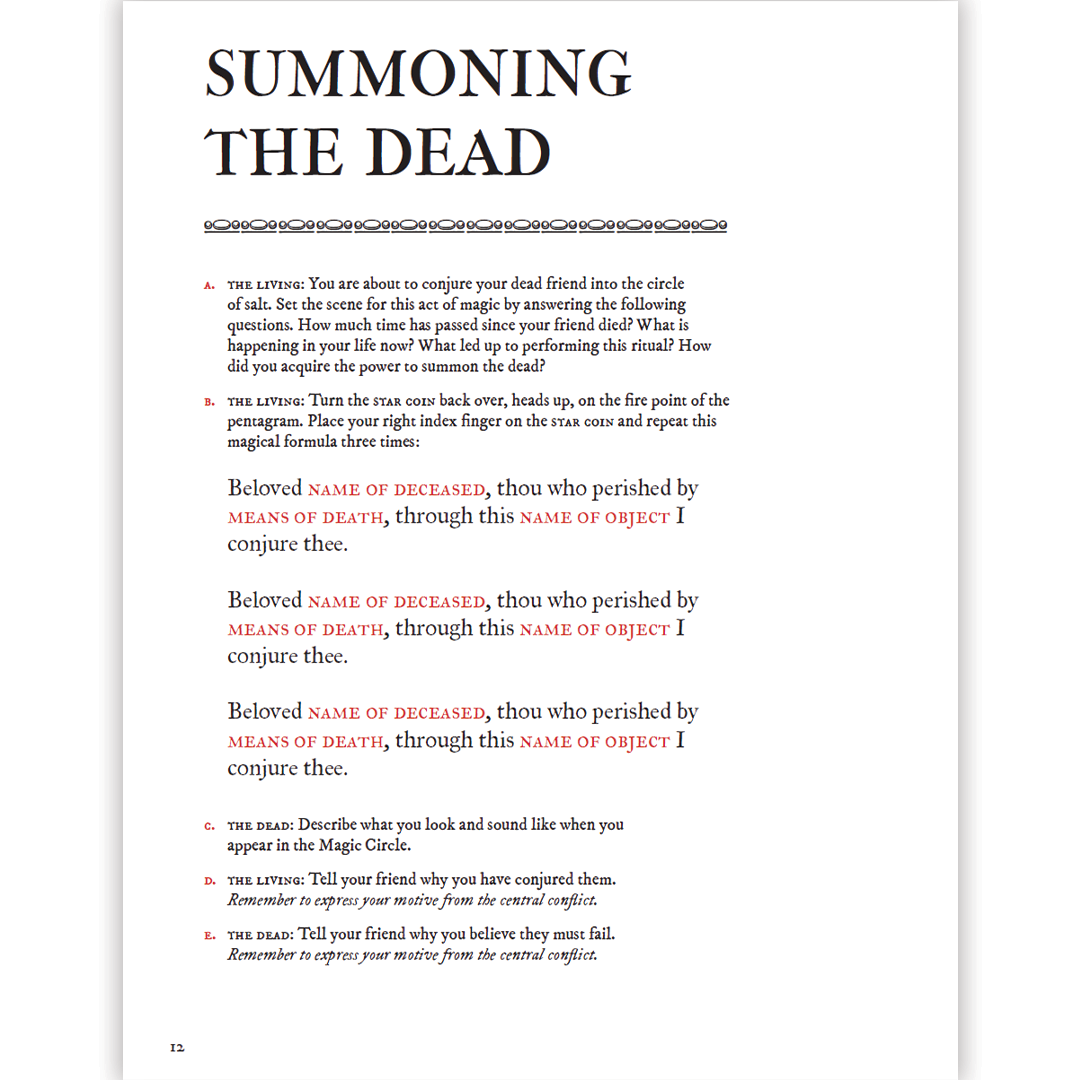 Page titled "SUMMONING THE DEAD" with ritual instructions for conjuring, including questions, a magical formula, and text in red