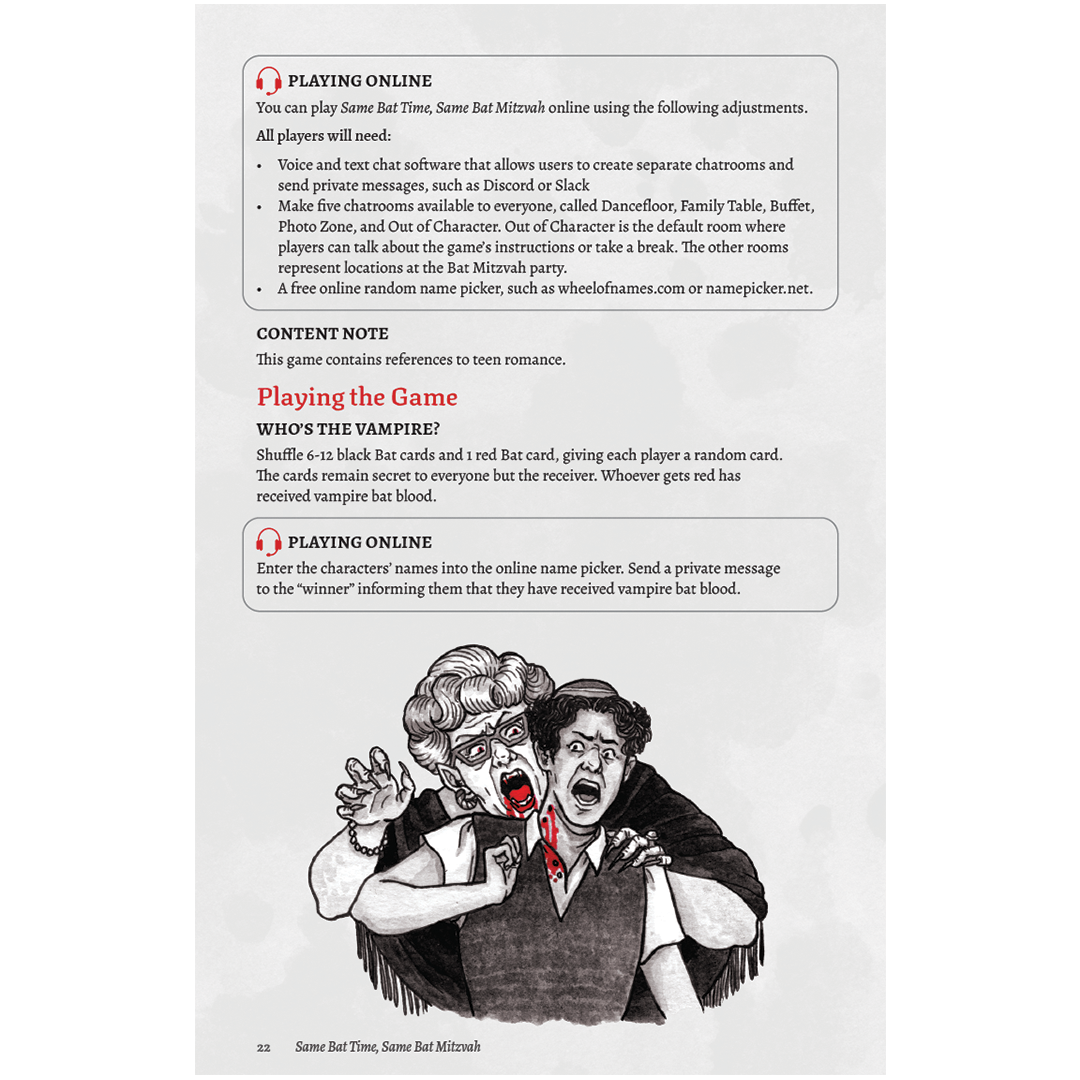 Illustration: An older woman with fangs bites a younger man's neck, blood splattering. Both scream in horror.
