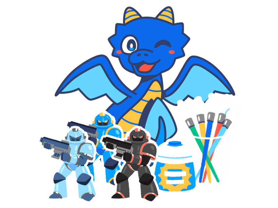 Good Games mascot with miniatures and painting supplies
