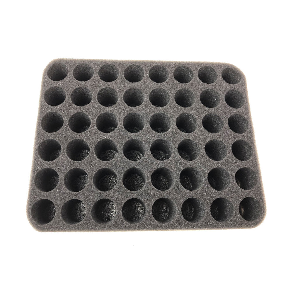A dark grey foam organizing tray with 42 circular wells.