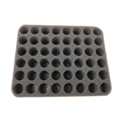A dark grey foam organizing tray with 42 circular wells.