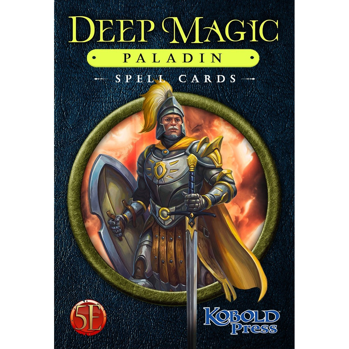 Deep Magic Paladin Spell Cards cover featuring an armored paladin holding a sword and shield against a fiery background, framed in a gold circle on a dark textured surface