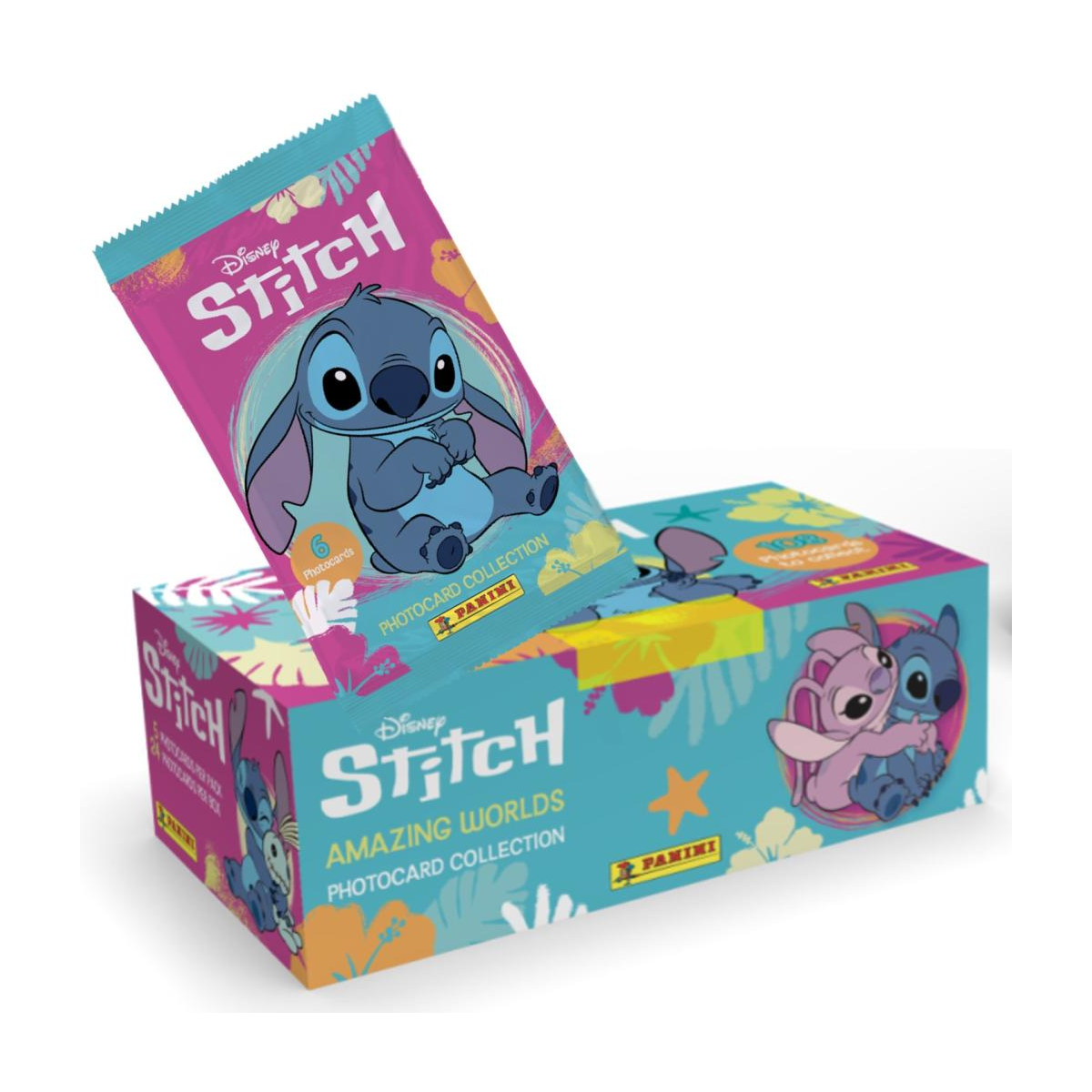 Colourful display box for Disney Stitch photocards, showing a single sealed packet featuring Stitch