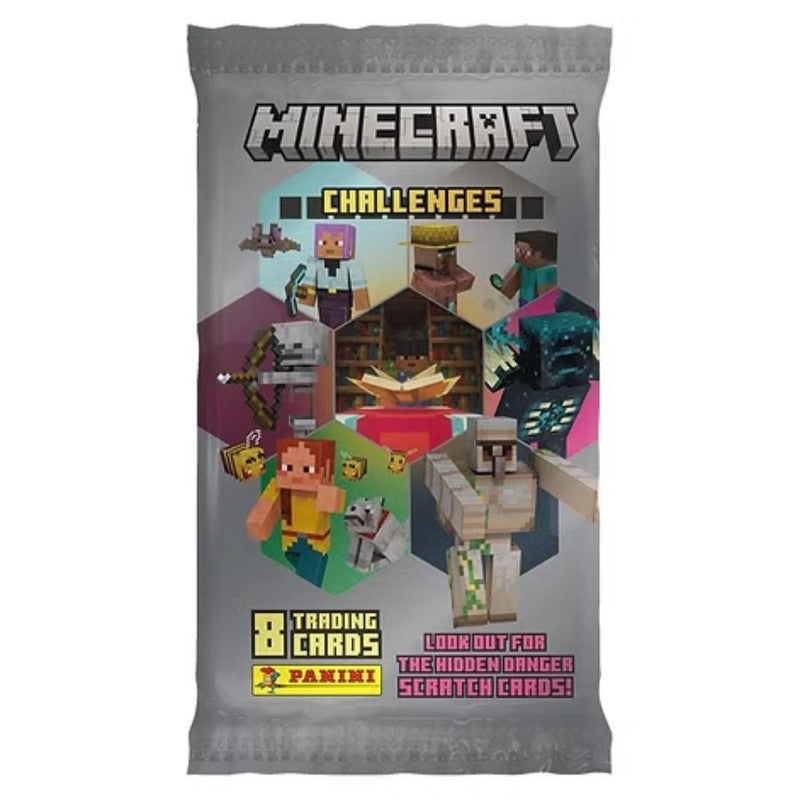 Minecraft Challenges trading cards pack with images of various characters including Steve Alex Villagers skeletons and iron golems