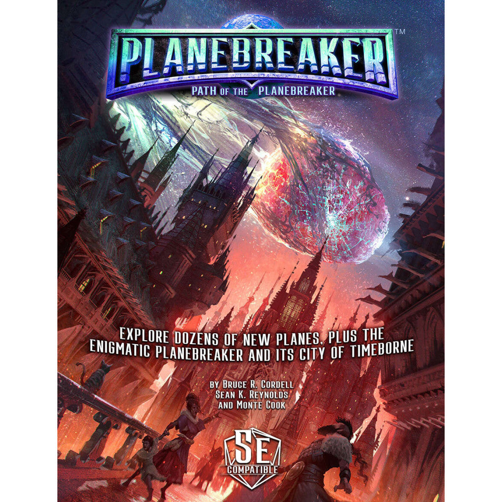 Planebreaker: A fiery, shard-like cosmic object descends over a dark, spired city with figures below.