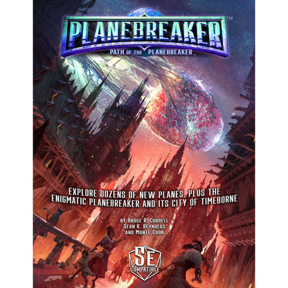 Planebreaker: A fiery, shard-like cosmic object descends over a dark, spired city with figures below.