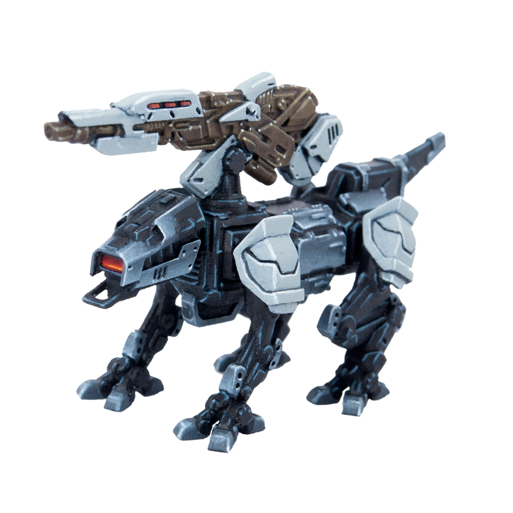 Miniature of a futuristic, dark grey quadrupedal mech with light grey armor and a mounted weapon