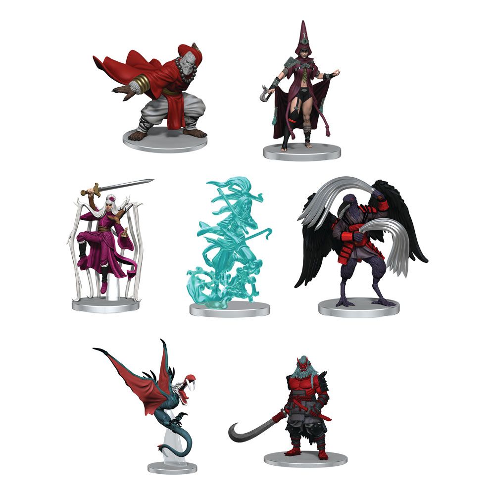 Seven colorful fantasy miniatures of diverse characters and creatures, including a warrior, a witch, a dragon, and a winged man