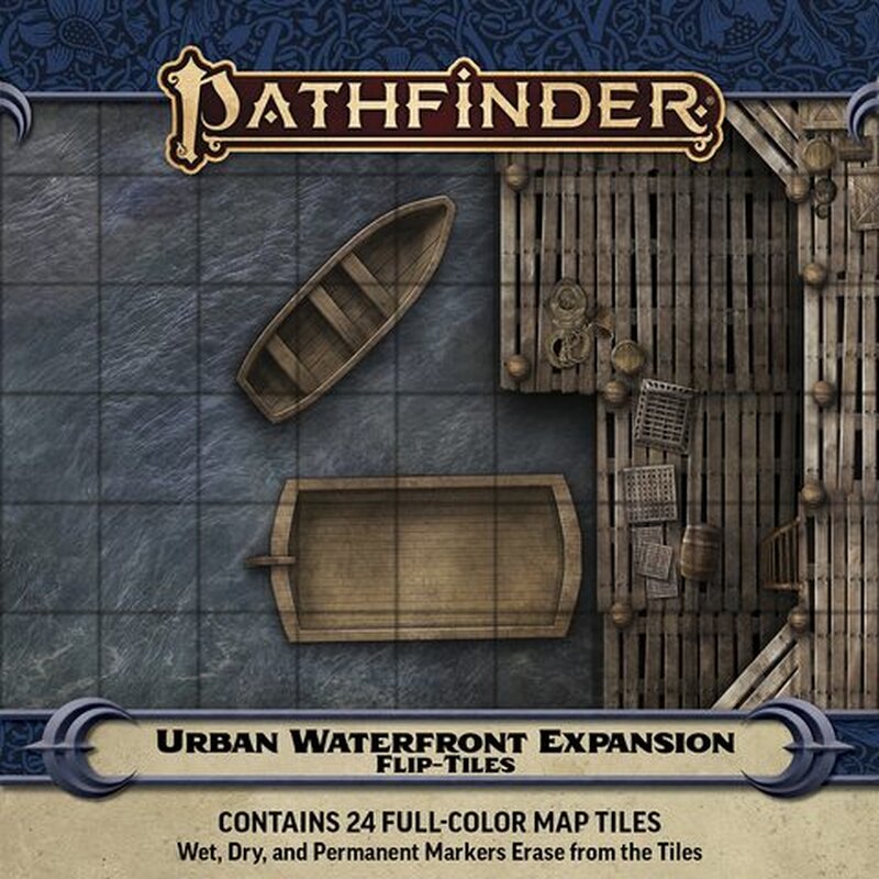 Pathfinder Flip-Tiles: Urban Waterfront Expansion showing docks, two wooden boats on water tiles, and cargo.