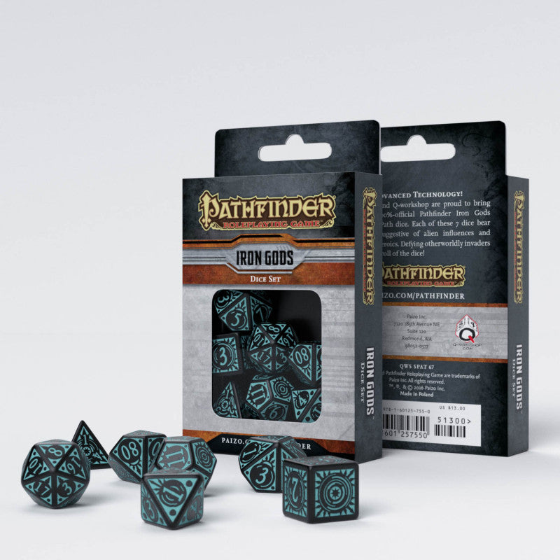 Pathfinder Iron Gods Dice Set: Two product boxes and multiple black and teal polyhedral dice on a white background.