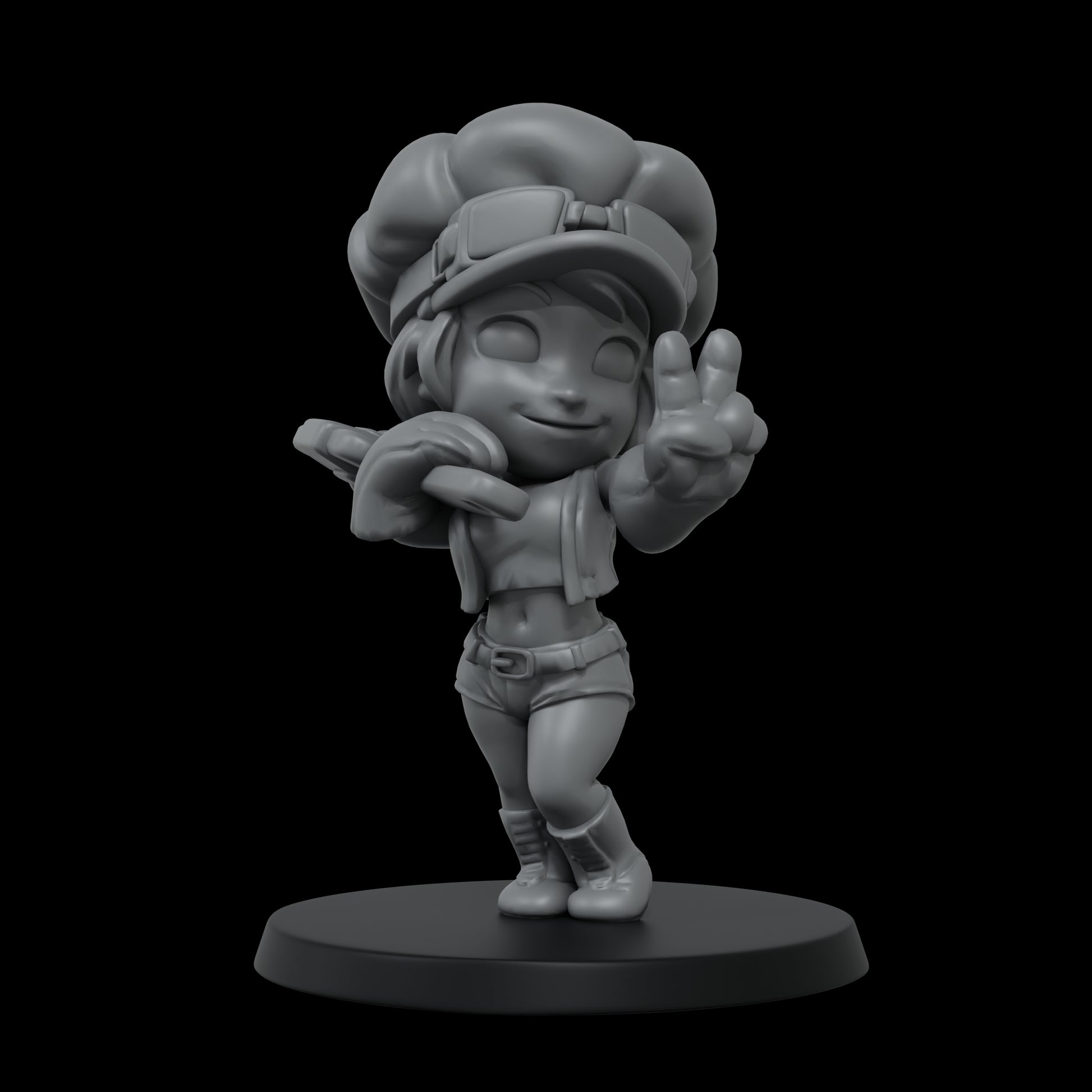 Grey stylized 3D model of a girl in a cap and goggles, striking a pose with a peace sign.