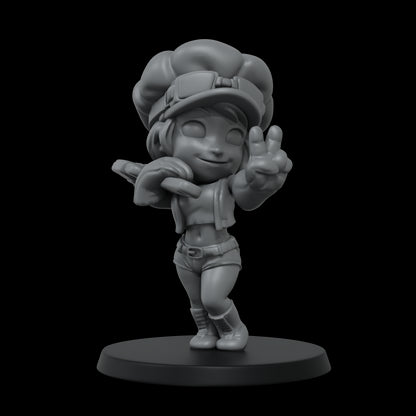 Grey stylized 3D model of a girl in a cap and goggles, striking a pose with a peace sign.