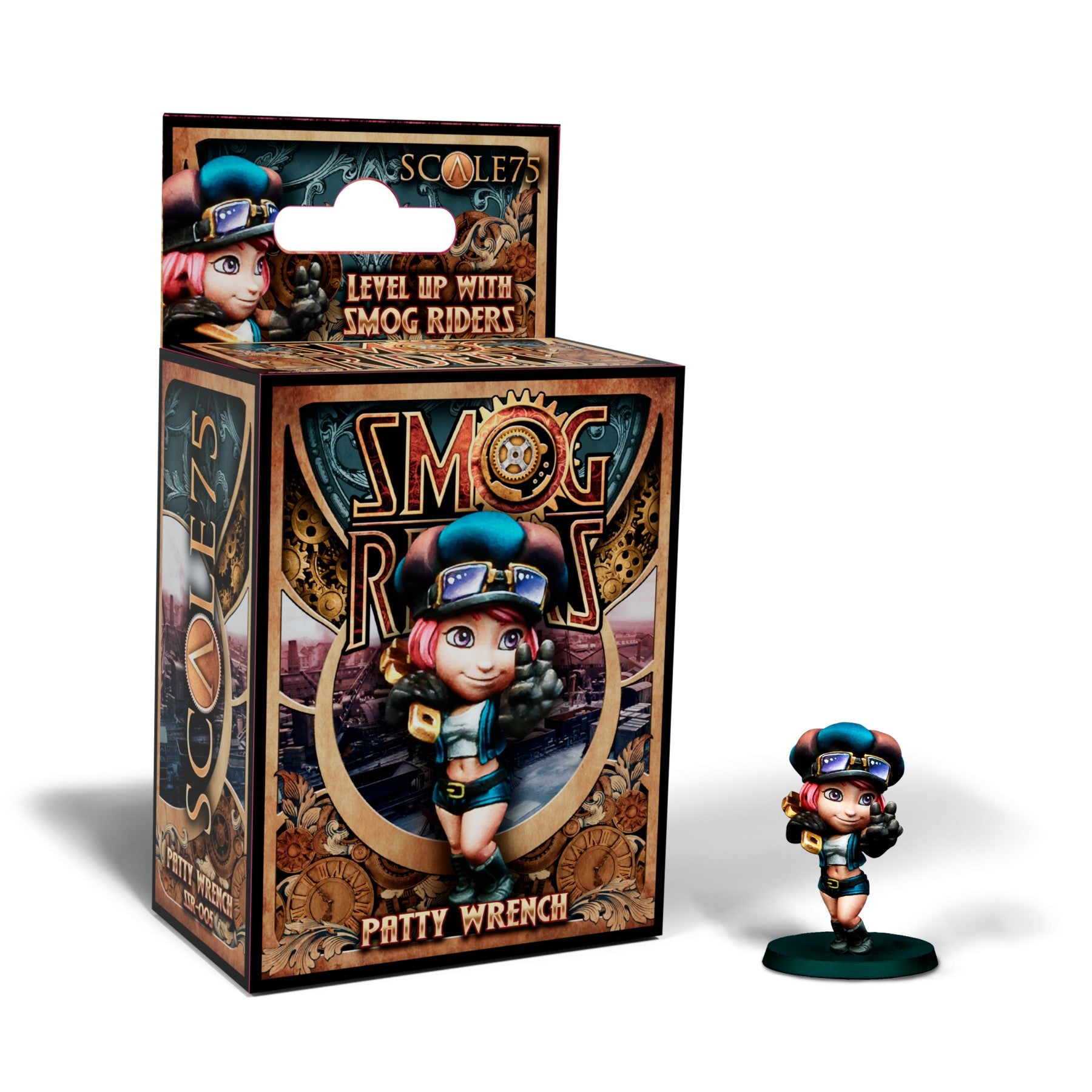 Scale75 Smog Riders 'Patty Wrench' miniature box and figure. Pink-haired girl with goggles holds wrench, pointing.