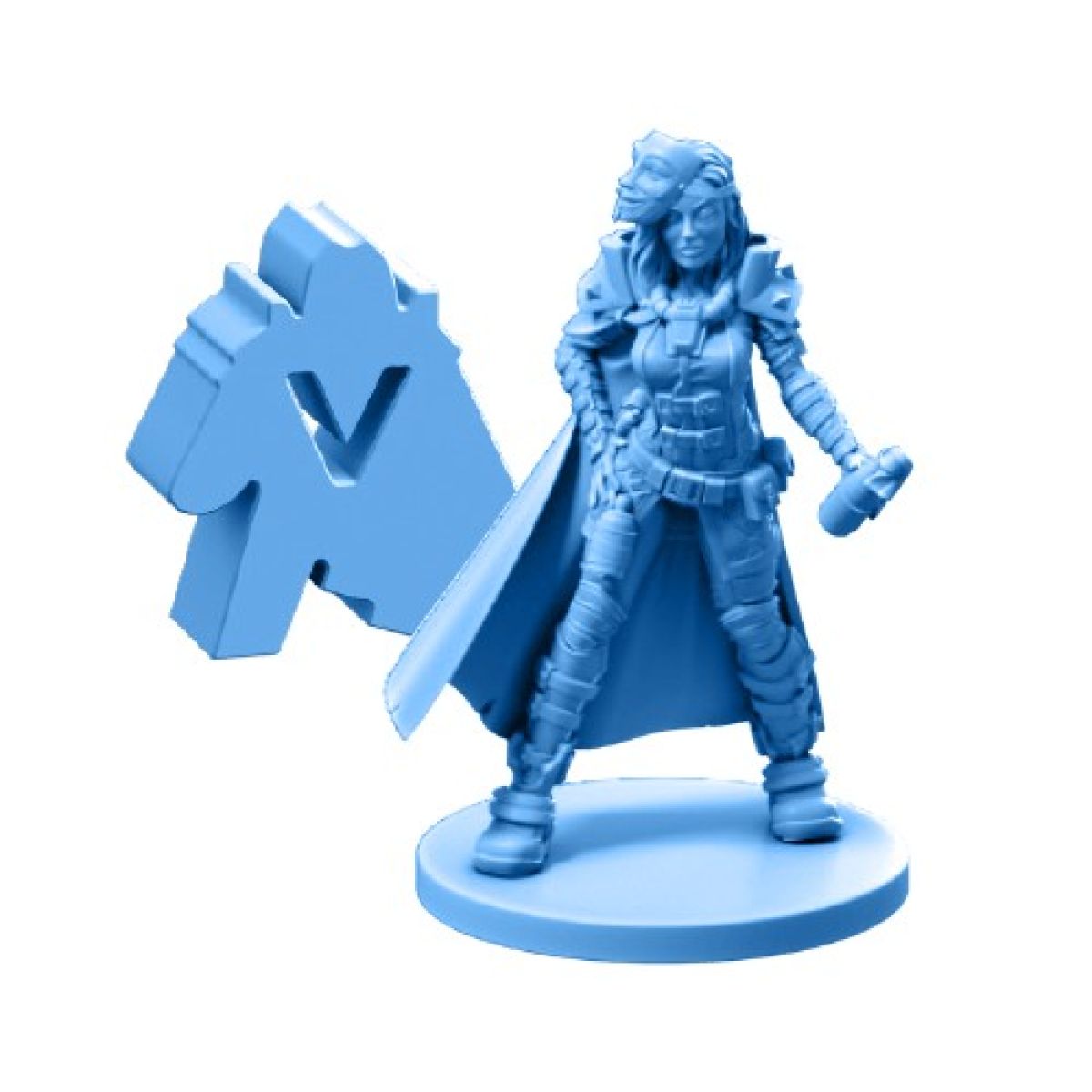 A light blue tabletop miniature of an armored female character holding a cylindrical object, standing next to a gaming token with a V symbol