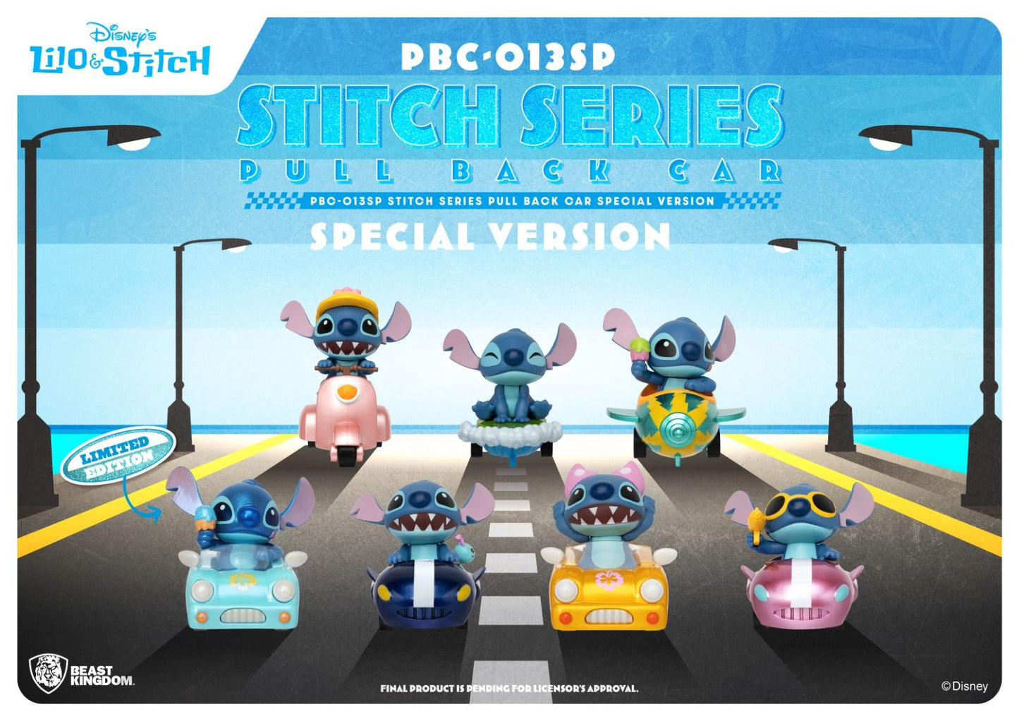 Disney's Lilo Stitch Series Special Version Pull Back Car collectible figures in various vibrant colors and vehicles