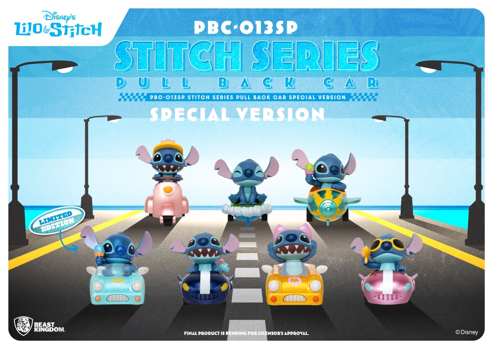 Disney's Lilo Stitch Series Special Version Pull Back Car collectible figures in various vibrant colors and vehicles