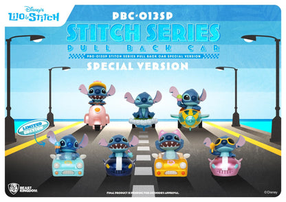 Disney's Lilo Stitch Series Special Version Pull Back Car collectible figures in various vibrant colors and vehicles