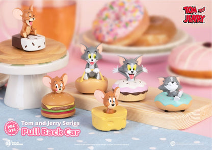 Six Tom and Jerry figures in various vehicles with playful expressions