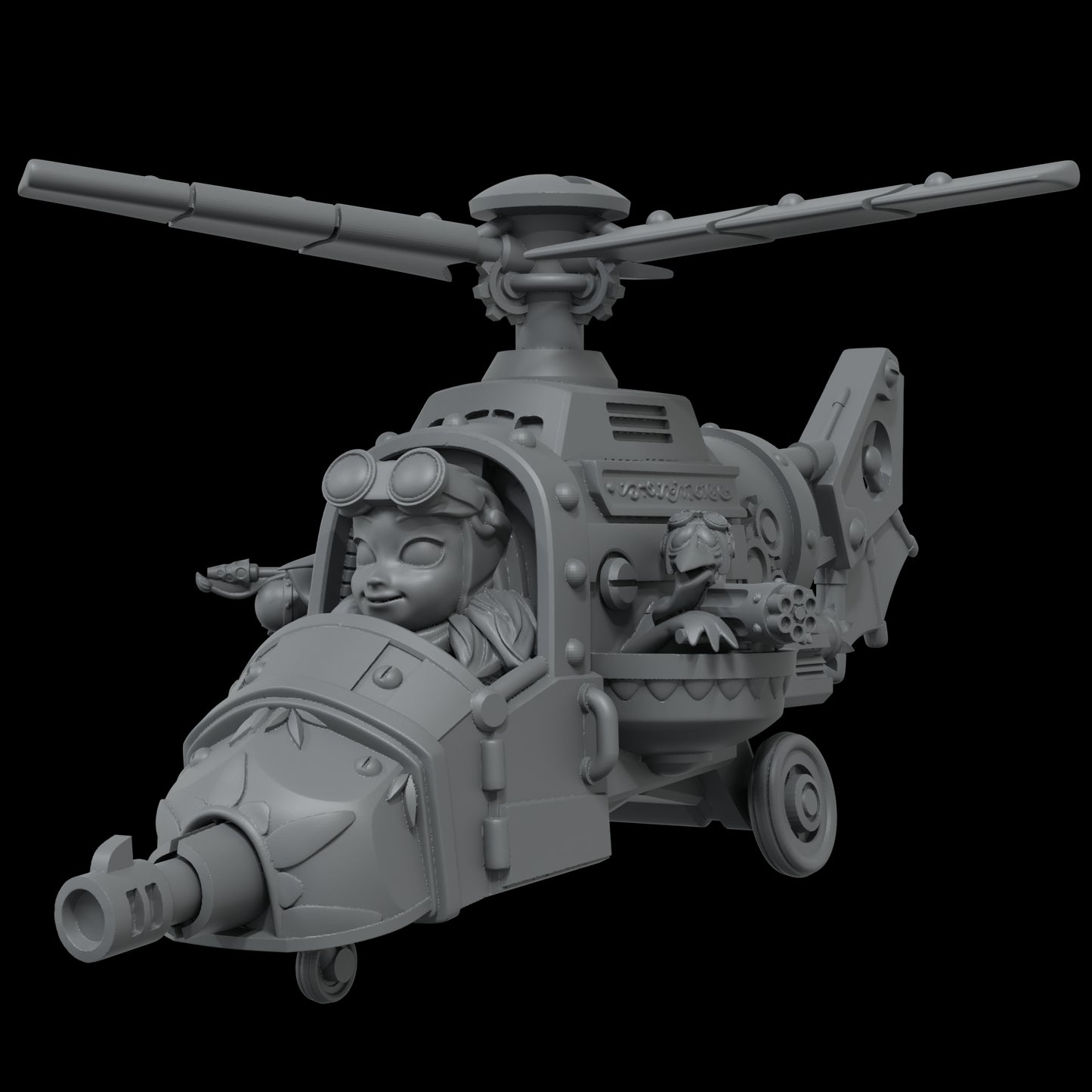 Gray 3D render of a cartoon helicopter piloted by a girl in goggles, with a frog co-pilot. Features front cannon & side gun.