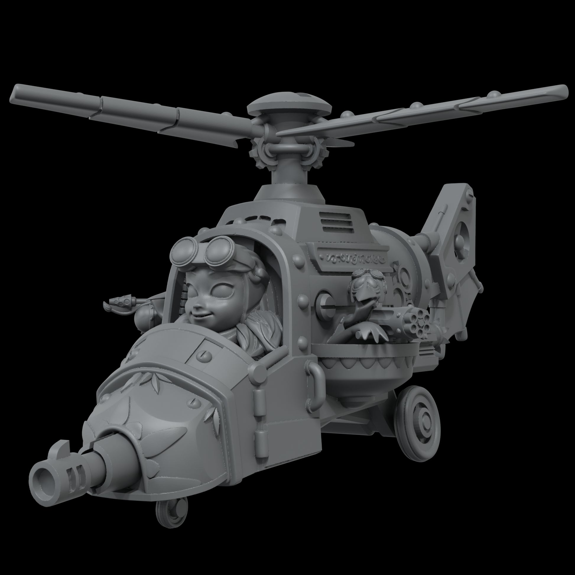 Gray 3D render of a cartoon helicopter piloted by a girl in goggles, with a frog co-pilot. Features front cannon & side gun.