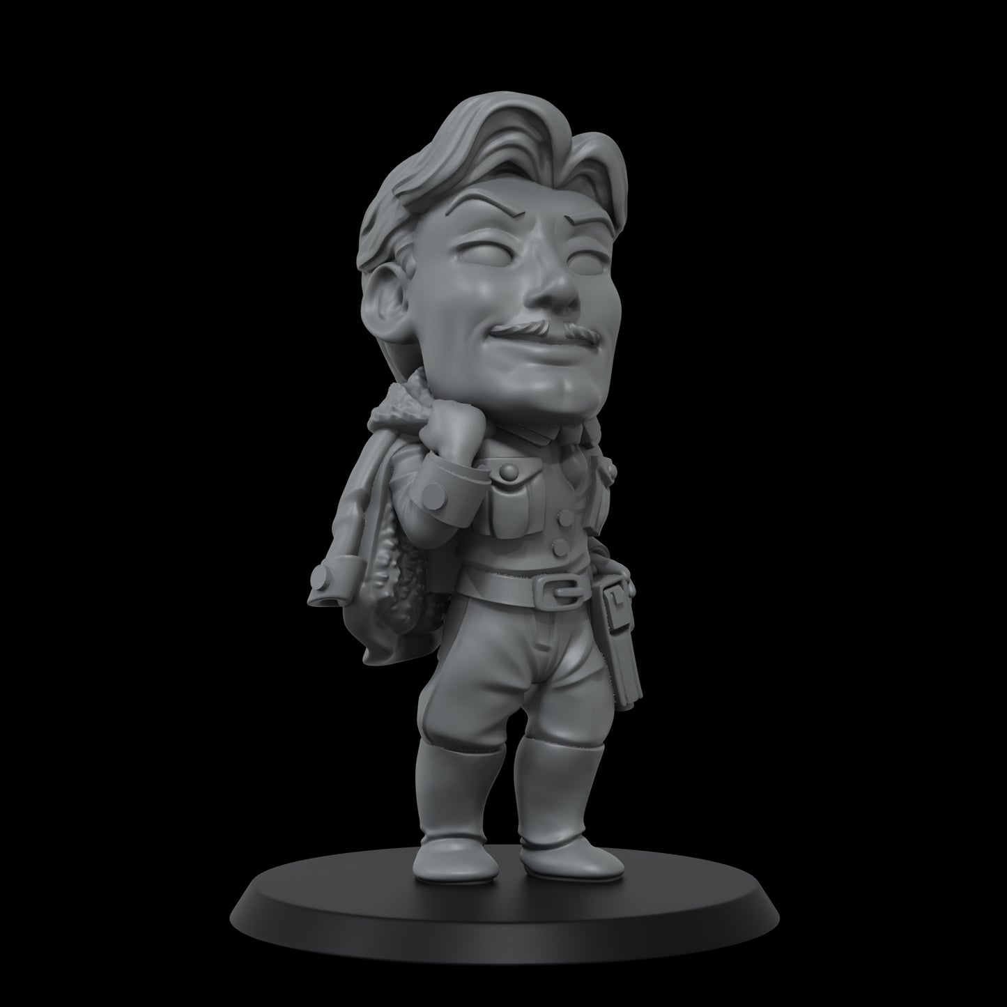 A gray chibi-style figurine of a mustached man in uniform, smiling, carrying a heavy sack over his shoulder.