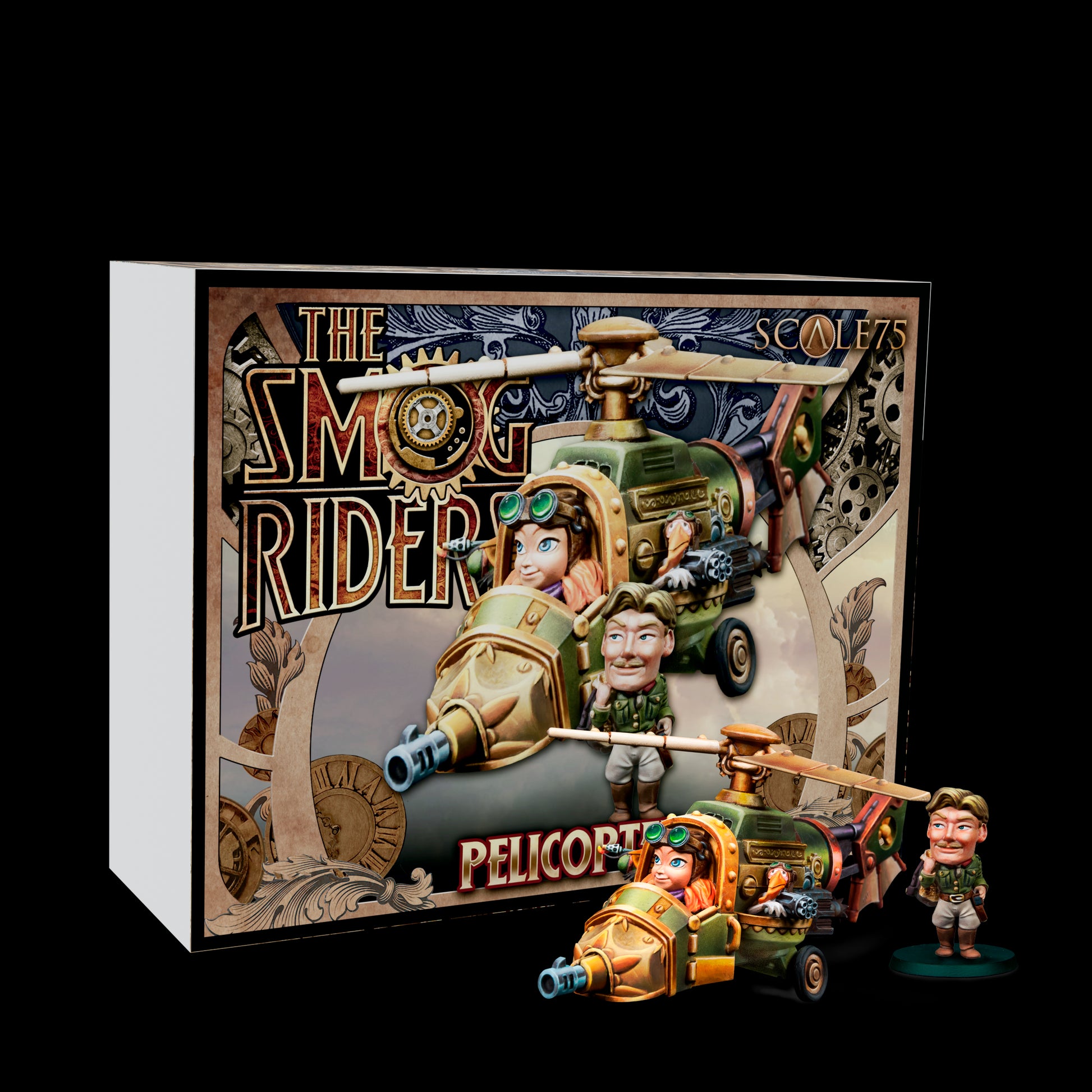 Scale75 'The Smog Riders' box & cartoonish steampunk miniatures: a Pelicopter with girl pilot, and a standing man.