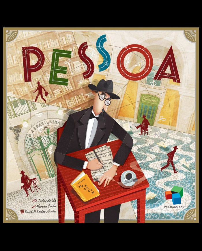 Front cover of the board game Pesso, featuring an abstract illustration of Fernando Pessoa with layered geometric shapes and muted colors